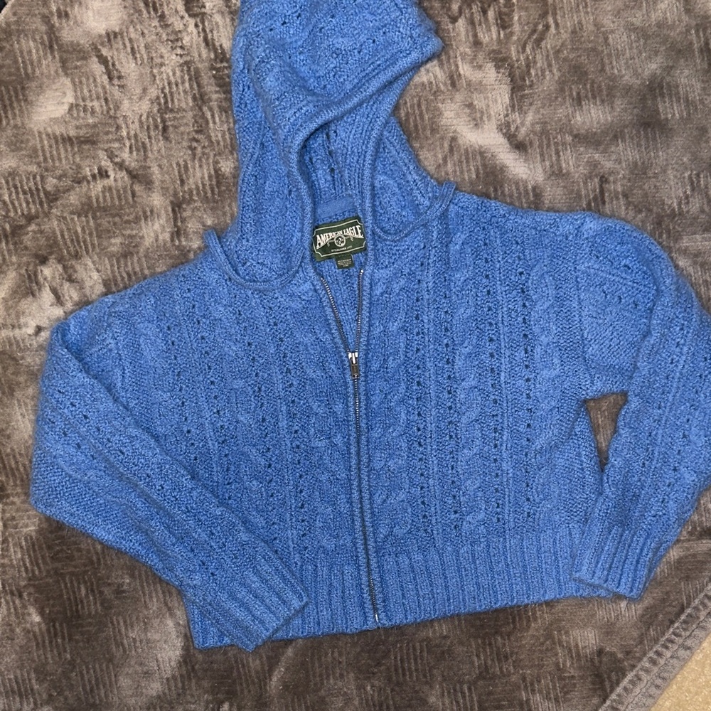American Eagle Outfitters Blue Cable Knit Hooded Cardigan